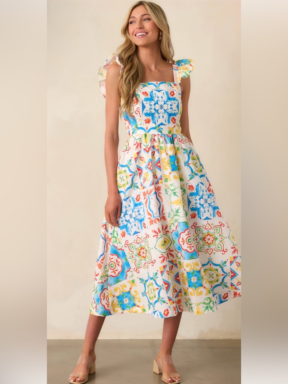 PROSPERINA Floral Tile Print Midi Dress - White Multicolor